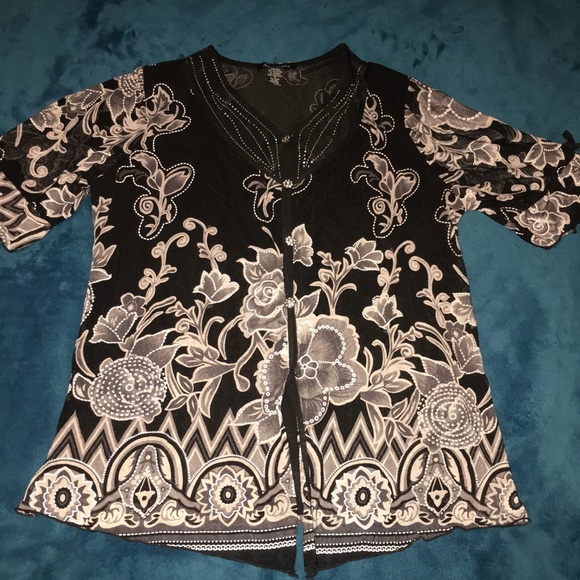 APPOINTMENTS Sheer Lined Floral Rhinestone 1X Top - Picture 2 of 7